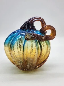 Mesa de calabaza ombre ámbar azul vidrio craquelado soplado a mano decoración de otoño - Imagen 1 de 13