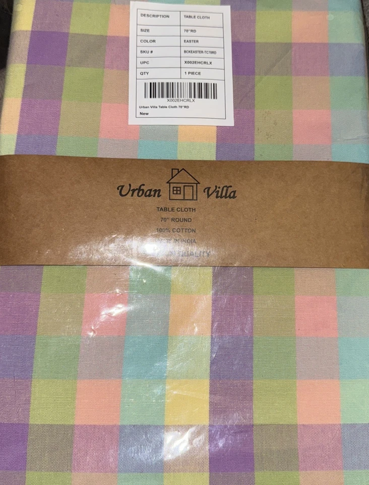 Urban Villa Pastel Check Tablecloth 100% Cotton 70" Round NIP - Image 1 of 4