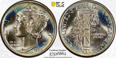 1934 Mercury Dime 10c PCGS MS68FB Full Bands (6862) Absolutely GORGEOUS Toning! - Image 1 of 3
