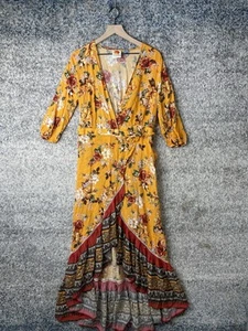 Farm Rio Anthropologie Soigne Yellow Floral Wrap Maxi Dress Size Small - Picture 1 of 11