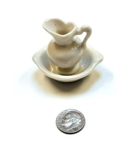 Dollhouse Miniature Pitcher Bowl Basin Ceramic 2 Pc. Cream White Scale 1:12 - Picture 1 of 11