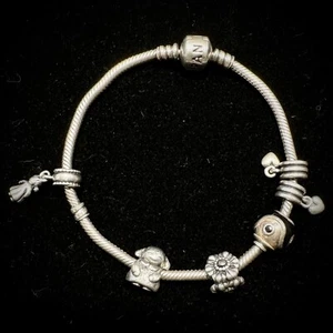 Pandora Moments Sterling Silver Snake Chain Bracelet 8" With 6 Charms - Picture 1 of 5