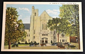 First M.E. Church Jackson MI Michigan Postcard PC 1920s Curteich Unused - Bild 1 von 1