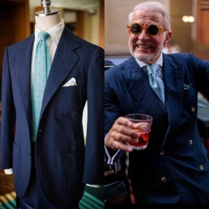 Navy Blue Summer Mens Seersucker Striped Suits Breathable Business Wedding 2 Pcs - Picture 1 of 14