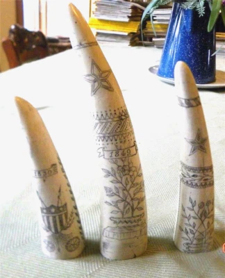 Set of 3 Scrimshaw resin Replica Walrus Tusks 5&1/2, 6&1/2 and 8 " Foto 1 de 4