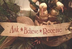 Primitive Christmas Burlap Ribbon Banner Ask Believe Receive Ornament Garland - Picture 1 of 1