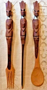 VINTAGE 1950'S AFRICAN THEMED CARVED WOODEN FORK, KNIFE & SPOON SET - Picture 1 of 5