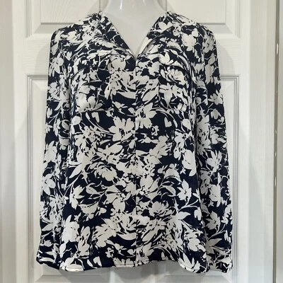 Jones New York Signature Chiffon Floral Blouse Top Tunic Blue & White Women's L - Image 1 of 4