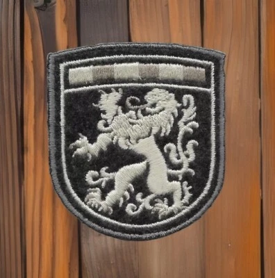Heraldic Rampant Lion Shield Iron-On Patch Silver Black Embroidered (2 3/8" in)
