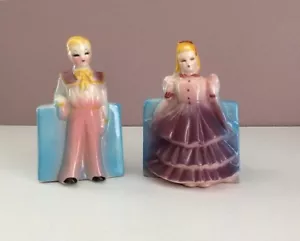 Art Deco Style Planters Vintage Ceramic Boy & Girl 1930s-1950s Blue/Pink/Purple - Picture 1 of 10