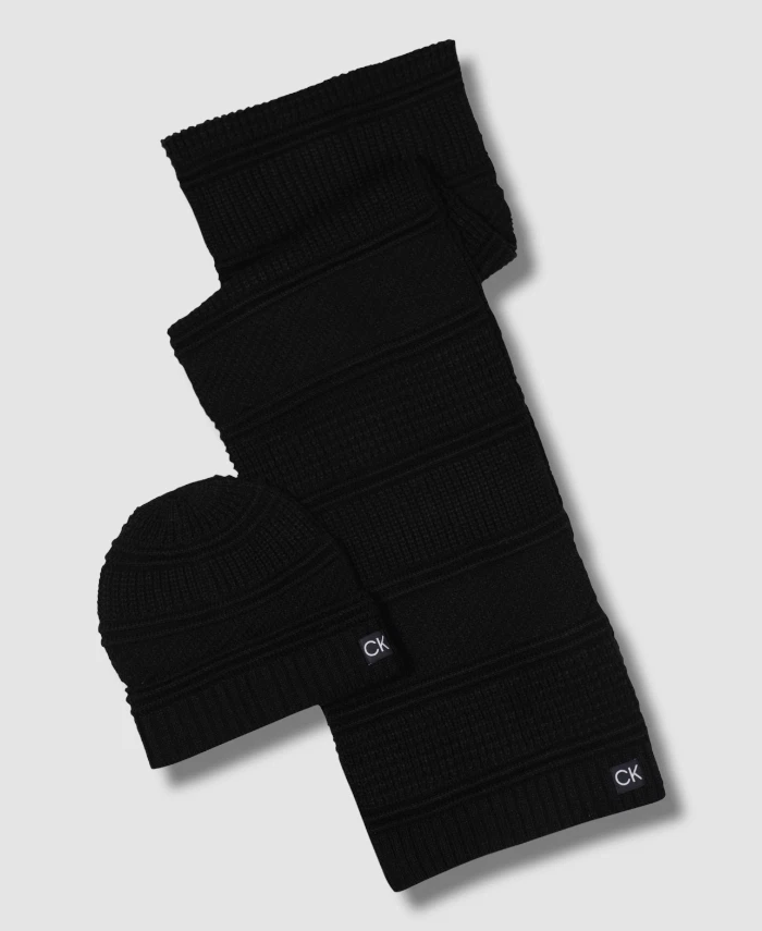 $80 Calvin Klein Men's Black Mixed Stripe Scarf & Beanie Hat Set One Size - Image 1 of 1