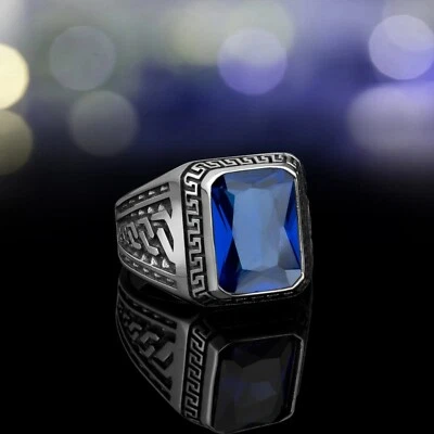 Anel masculino de prata esterlina 925 feito à mão com joias turcas de zircão azul tamanho 7-14 - Imagem 1 de 4