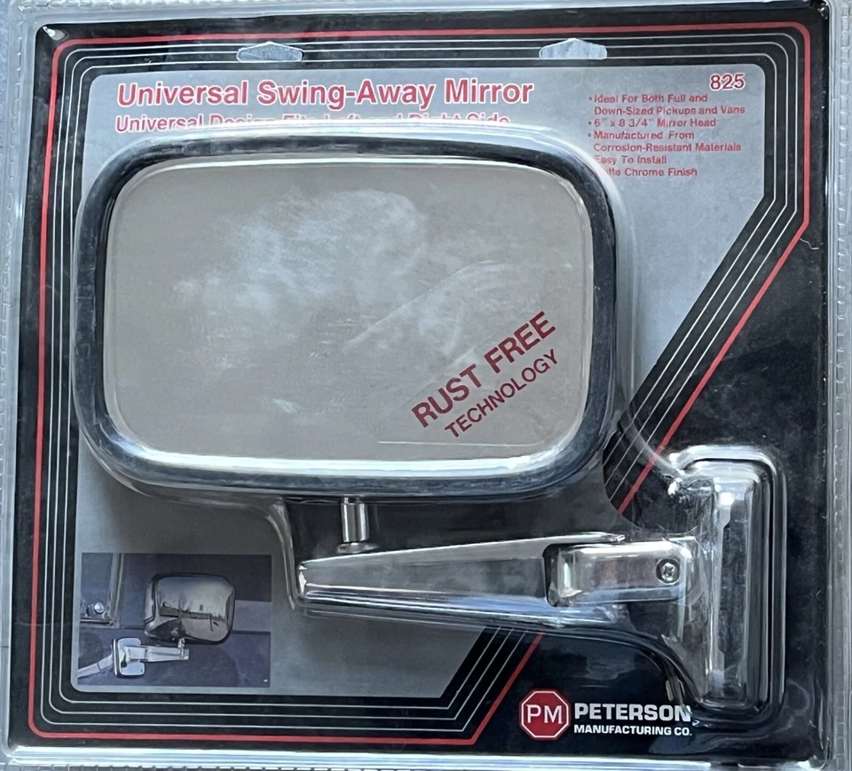 825 PETERSON CHROMED UNIVERSAL BREAK-AWAY Mirror,RH/LH,全尺寸/下装卡车/厢式货车 — 第 1/3 张图片