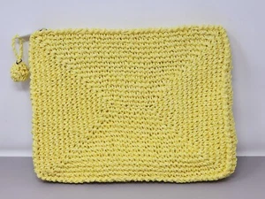 Yellow Handwoven Clutch Bag With Zipper Closure & Pom-Pom Accent Made In Korea - Picture 1 of 8