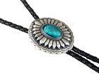 Turquoise Oval Bolo Tie Real Silver Plated 38" Adjustable Genuine Leather Cord