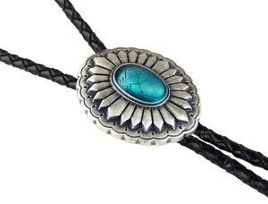 Turquoise Oval Bolo Tie Real Silver Plated 38" Adjustable Genuine Leather Cord - Picture 1 of 6