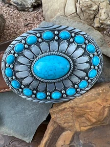 TURQUOISE CONCHO Cowboy WESTERN SILVER BELT ADJUSTABLE BUCKLE Southwest large - Picture 1 of 11