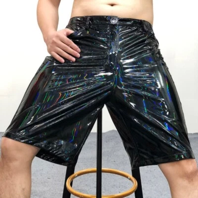 Hombres Imitación Cuero Hippy Suelto Pantalones Punk Wear Láser Brillante Holográfico Medio Pantalones Foto 1 de 4