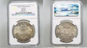 Rare 1908A Germany Lubeck Large Silver 5 Mark NGC MS 65 - Picture 1 of 1
