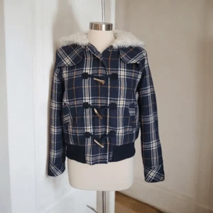 Juicy Couture Vintage Y2K Karo Fell gefüttert Kapuze Knebelknopfverschluss Jacke S - Bild 1 von 7