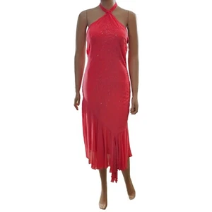 Khaki Krew Women's Halter Dress Midi asymmetric Lined sequins Floral beaded L - Picture 1 of 8