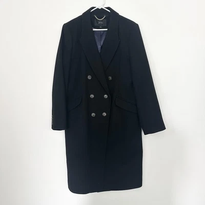 J Crew Coat Womens 14 Black Wool Cashmere Blend Double Breasted Long Menswear - Image 1 of 4