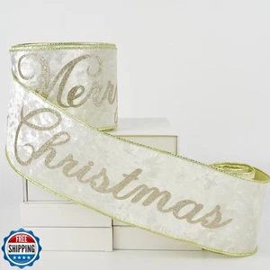 HUIHUANG Frohe Weihnachten Band 4 Zoll Weiß Samt Drahtband mit Glitzer - Bild 1 von 5