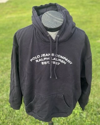 Moletom com capuz vintage Polo Jeans Co Ralph Lauren tamanho XL preto anos 90 Y2K soletrar - Imagem 1 de 4