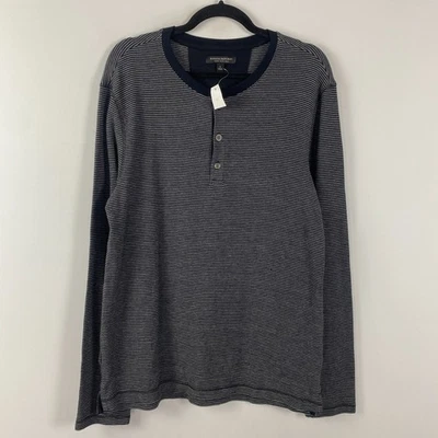 Banana Republic Pima Cotton Henley T Shirt Mens Large Black Gray Stripe - Image 1 of 4