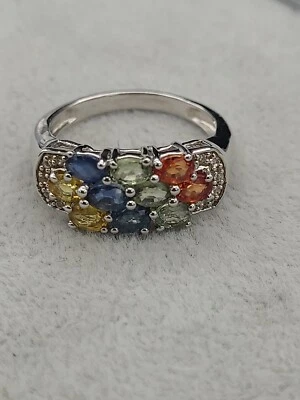 Sterling Silver Multi Colored Sapphire Gemstone Ring Signed "CJ" Size 7.75 - Image 1 of 4