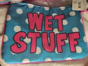 Pink/Blue w/ White Polka Dots "Wet Stuff" Bag - Sequin & Handle! 12" x 9" NWT - Picture 1 of 6