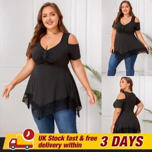 UK Women Plus Size Cold Shoulder Tops Lace Sexy Short Sleeve T-Shirt Blouse - Picture 1 of 16