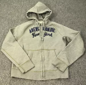 Abercrombie Fitch Muscle Zip Hoodie Womens Large Gray Distressed Sweatshirt Y2K - Picture 1 of 16