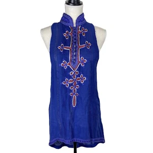 Anthro Free People New Romantics Blue Embroidered Tassel Tunic Top Size XS Boho - Picture 1 of 12