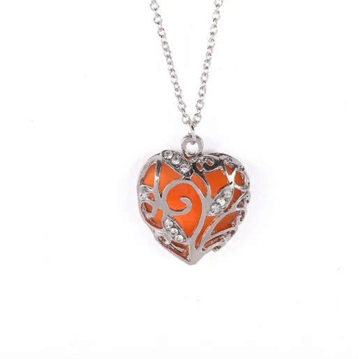 Luminous Heart Crystal, Glow in the Dark Necklace - Orange & Silver - Image 1 of 1
