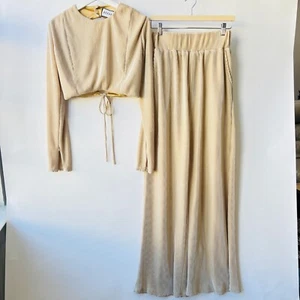 BBXBRAND gamba larga satinata a pieghe, set top ritagliato, beige, taglia 12/L - Foto 1 di 9