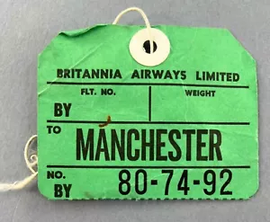 BRITANNIA AIRWAYS MANCHESTER VINTAGE AIRLINE BAGGAGE BAG TAG LUGGAGE LABEL GREEN - Picture 1 of 2