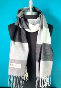 Men's WINTER 100%CASHMERE SCARF Plaid Black/Gray/Cream Made in England Soft#N101 - Picture 1 of 2