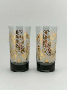 Set 2 bicchieri vetro medaglione oro fumo grigio "POM POM" federali vintage - Foto 1 di 5
