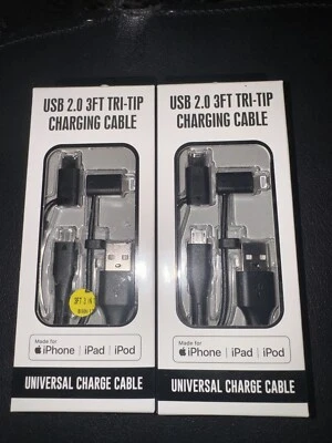 2 Universal USB Port Charging Cable 3 ft Tri-Tip  iPhone iPad iPod USB-C Micro - Image 1 of 4