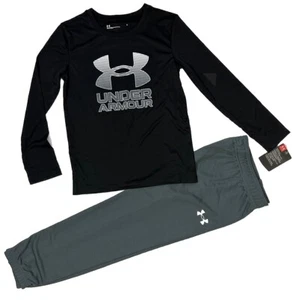 Under Armour Boys Size 6 Athletic Pants UA Logo Top 2 Piece Set NWT Black Grey - Picture 1 of 5