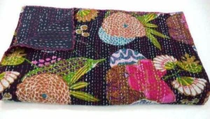 Indian Kantha Twin Quilt Black Fruit Print Reversible Bedspread Blanket Throw - Picture 1 of 5