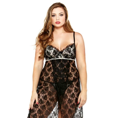 Plus Size Lingerie Long Gown Size 1X/2X Black Lace  Fantasy P130X - Image 1 of 2