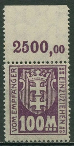 Danzig Portomarken 1923 Kleines Wappen WZ X mit Oberrand, P 24 X OR postfrisch - Bild 1 von 1
