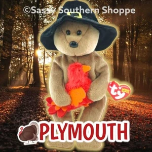 🦃 PLYMOUTH 🦃 2004 Ty Beanie Babies Pilgrim Acción de Gracias OSO con pavo *MWMT* - Imagen 1 de 5