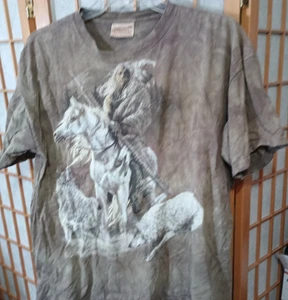 The Mountain Native American Wolves T-Shirt Tan XXL Dyed & Printed in USA - Picture 1 of 15