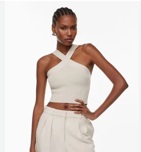 Aritzia Babaton Sculpt Beige Ribbed Knit Criss Cross Sleeveless Crop Tank Top M - Picture 1 of 6