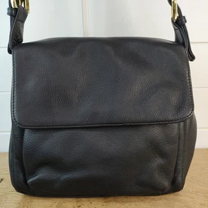 Mila Paoli Black Leather Bag Flap Crossbody Gold Accent Classic Timeless Neutral - Picture 1 of 20