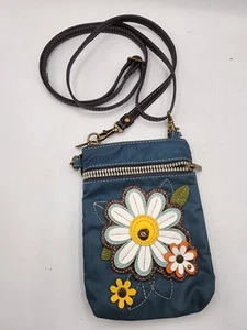 Chala Handy Umhängetasche Handtasche blau Gänseblümchen genäht Blume kompakt gelb - Bild 1 von 10