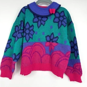 Vintage Marese Girl's Pink Purple Collar Floral Sweater 90s - Picture 1 of 9